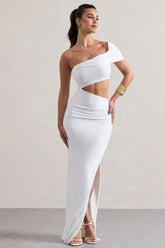 White One-Shoulder Cut-Out Maxi Dress With Split